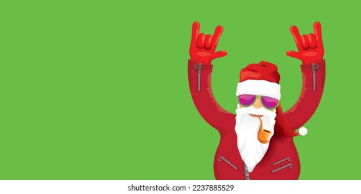 vector modern rock n roll santa claus with smoking pipe, santa beard and funky hat isolated on green christmas horizontal banner background with snowflakes. Horizontal Christmas hipster party poster