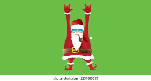 vector modern rock n roll santa claus with smoking pipe, santa beard and funky hat isolated on green christmas horizontal banner background with snowflakes. Horizontal Christmas hipster party poster