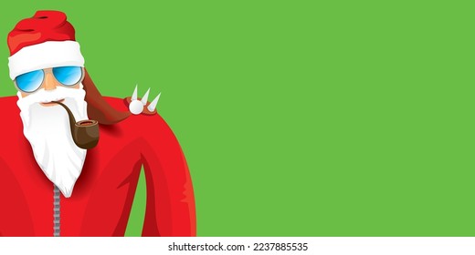 vector modern rock n roll santa claus with smoking pipe, santa beard and funky hat isolated on green christmas horizontal banner background with snowflakes. Horizontal Christmas hipster party poster