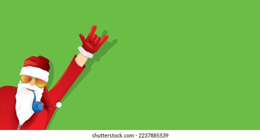 vector modern rock n roll santa claus with smoking pipe, santa beard and funky hat isolated on green christmas horizontal banner background with snowflakes. Horizontal Christmas hipster party poster
