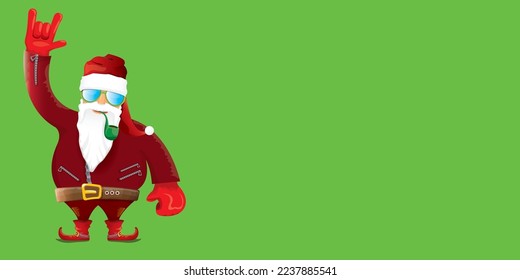 vector modern rock n roll santa claus with smoking pipe, santa beard and funky hat isolated on green christmas horizontal banner background with snowflakes. Horizontal Christmas hipster party poster