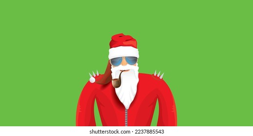 vector modern rock n roll santa claus with smoking pipe, santa beard and funky hat isolated on green christmas horizontal banner background with snowflakes. Horizontal Christmas hipster party poster