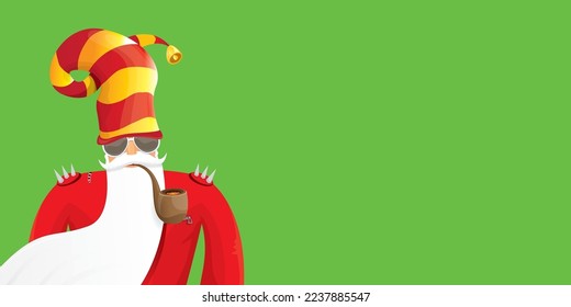 vector modern rock n roll santa claus with smoking pipe, santa beard and funky hat isolated on green christmas horizontal banner background with snowflakes. Horizontal Christmas hipster party poster