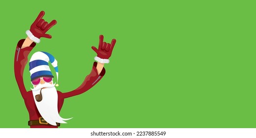 vector modern rock n roll santa claus with smoking pipe, santa beard and funky hat isolated on green christmas horizontal banner background with snowflakes. Horizontal Christmas hipster party poster