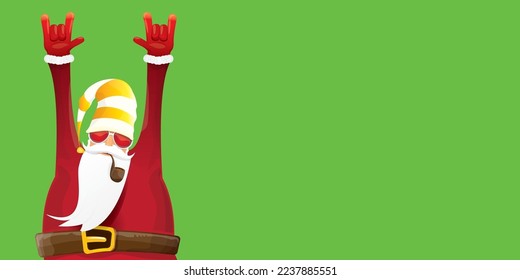 vector modern rock n roll santa claus with smoking pipe, santa beard and funky hat isolated on green christmas horizontal banner background with snowflakes. Horizontal Christmas hipster party poster