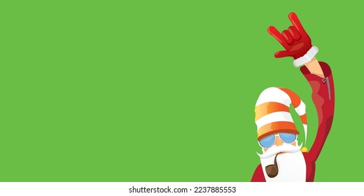 vector modern rock n roll santa claus with smoking pipe, santa beard and funky hat isolated on green christmas horizontal banner background with snowflakes. Horizontal Christmas hipster party poster