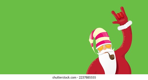 vector modern rock n roll santa claus with smoking pipe, santa beard and funky hat isolated on green christmas horizontal banner background with snowflakes. Horizontal Christmas hipster party poster