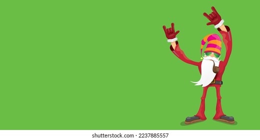 Moderne Rock-n-Roll-Santa-Claus mit Rauchrohr, Santa-Bart und Funky Hut einzeln auf grünem Weihnachtshintergrund mit Schneeflocken. Horizontales Weihnachtshipster-Partyposter