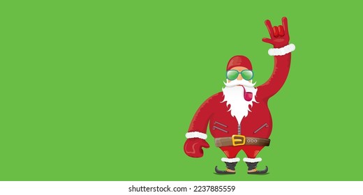 vector modern rock n roll santa claus with smoking pipe, santa beard and funky hat isolated on green christmas horizontal banner background with snowflakes. Horizontal Christmas hipster party poster