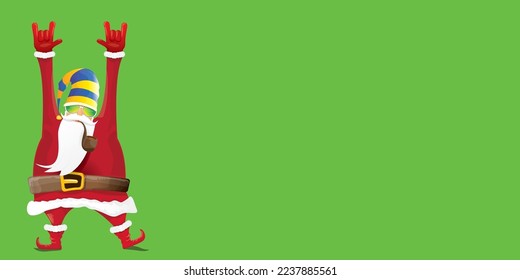 vector modern rock n roll santa claus with smoking pipe, santa beard and funky hat isolated on green christmas horizontal banner background with snowflakes. Horizontal Christmas hipster party poster