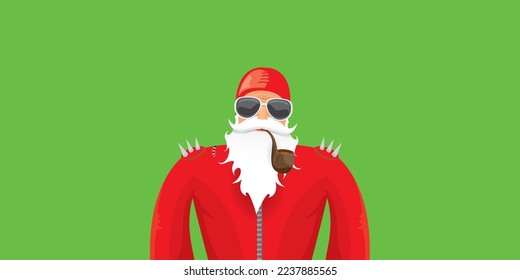 vector modern rock n roll santa claus with smoking pipe, santa beard and funky hat isolated on green christmas horizontal banner background with snowflakes. Horizontal Christmas hipster party poster