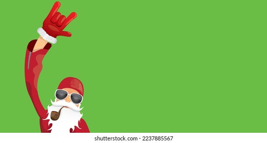 vector modern rock n roll santa claus with smoking pipe, santa beard and funky hat isolated on green christmas horizontal banner background with snowflakes. Horizontal Christmas hipster party poster