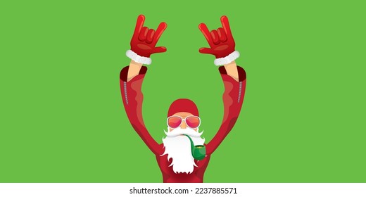 vector modern rock n roll santa claus with smoking pipe, santa beard and funky hat isolated on green christmas horizontal banner background with snowflakes. Horizontal Christmas hipster party poster