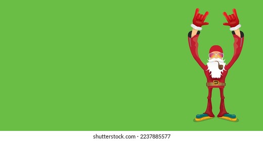 vector modern rock n roll santa claus with smoking pipe, santa beard and funky hat isolated on green christmas horizontal banner background with snowflakes. Horizontal Christmas hipster party poster