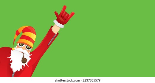 vector modern rock n roll santa claus with smoking pipe, santa beard and funky hat isolated on green christmas horizontal banner background with snowflakes. Horizontal Christmas hipster party poster