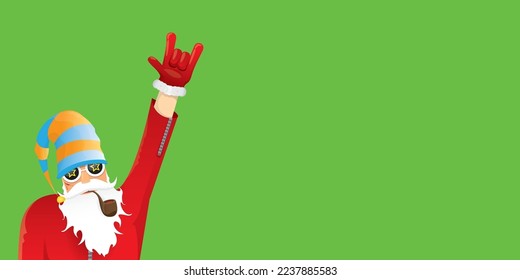 vector modern rock n roll santa claus with smoking pipe, santa beard and funky hat isolated on green christmas horizontal banner background with snowflakes. Horizontal Christmas hipster party poster