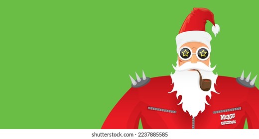 vector modern rock n roll santa claus with smoking pipe, santa beard and funky hat isolated on green christmas horizontal banner background with snowflakes. Horizontal Christmas hipster party poster