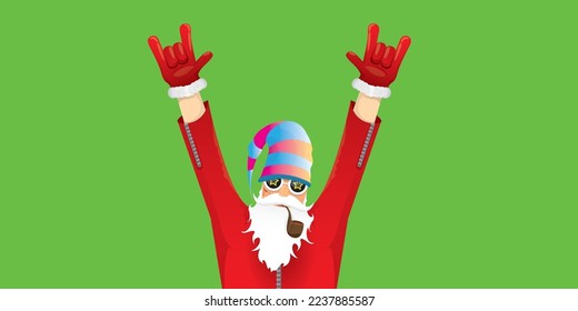 vector modern rock n roll santa claus with smoking pipe, santa beard and funky hat isolated on green christmas horizontal banner background with snowflakes. Horizontal Christmas hipster party poster