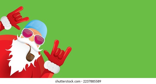vector modern rock n roll santa claus with smoking pipe, santa beard and funky hat isolated on green christmas horizontal banner background with snowflakes. Horizontal Christmas hipster party poster