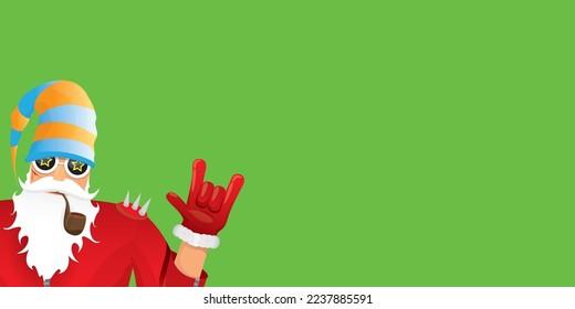 vector modern rock n roll santa claus with smoking pipe, santa beard and funky hat isolated on green christmas horizontal banner background with snowflakes. Horizontal Christmas hipster party poster
