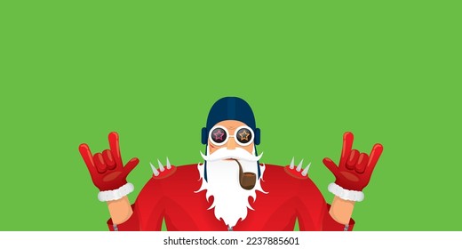 vector modern rock n roll santa claus with smoking pipe, santa beard and funky hat isolated on green christmas horizontal banner background with snowflakes. Horizontal Christmas hipster party poster