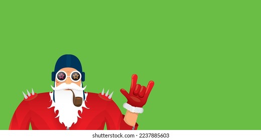 vector modern rock n roll santa claus with smoking pipe, santa beard and funky hat isolated on green christmas horizontal banner background with snowflakes. Horizontal Christmas hipster party poster