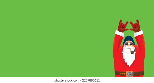 vector modern rock n roll santa claus with smoking pipe, santa beard and funky hat isolated on green christmas horizontal banner background with snowflakes. Horizontal Christmas hipster party poster