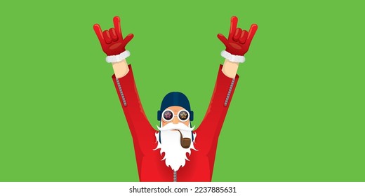 vector modern rock n roll santa claus with smoking pipe, santa beard and funky hat isolated on green christmas horizontal banner background with snowflakes. Horizontal Christmas hipster party poster