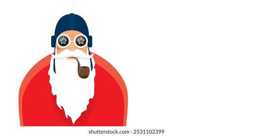 vetor moderno rock n roll santa claus com cachimbo de fumar, barba santa e chapéu funky isolado no fundo de banner horizontal transparente com flocos de neve. Cartaz de festa hipster de Natal horizontal