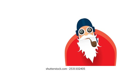 vector modern rock n roll santa claus with smoking pipe, santa beard and funky hat isolated on transparent horizontal banner background with snowflakes. Horizontal Christmas hipster party poster