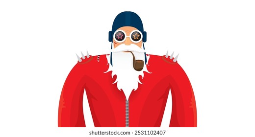 vector modern rock n roll santa claus with smoking pipe, santa beard and funky hat isolated on transparent horizontal banner background with snowflakes. Horizontal Christmas hipster party poster