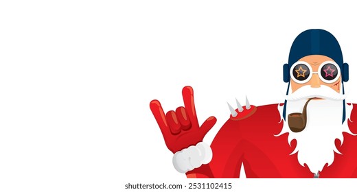 vector modern rock n roll santa claus with smoking pipe, santa beard and funky hat isolated on transparent horizontal banner background with snowflakes. Horizontal Christmas hipster party poster