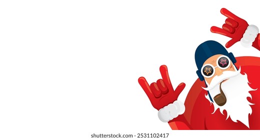 vetor moderno rock n roll santa claus com cachimbo de fumar, barba santa e chapéu funky isolado no fundo de banner horizontal transparente com flocos de neve. Cartaz de festa hipster de Natal horizontal