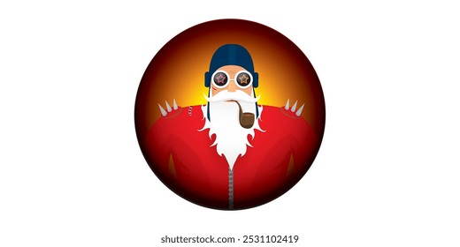 vector modern rock n roll santa claus with smoking pipe, santa beard and funky hat isolated on transparent horizontal banner background with snowflakes. Horizontal Christmas hipster party poster