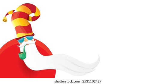 vector modern rock n roll santa claus with smoking pipe, santa beard and funky hat isolated on transparent horizontal banner background with snowflakes. Horizontal Christmas hipster party poster