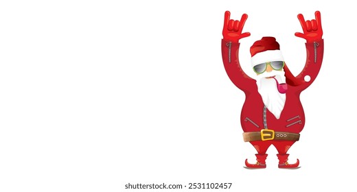 vector modern rock n roll santa claus with smoking pipe, santa beard and funky hat isolated on transparent horizontal banner background with snowflakes. Horizontal Christmas hipster party poster