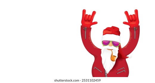 vector modern rock n roll santa claus with smoking pipe, santa beard and funky hat isolated on transparent horizontal banner background with snowflakes. Horizontal Christmas hipster party poster