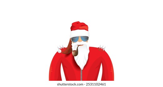 vector modern rock n roll santa claus with smoking pipe, santa beard and funky hat isolated on transparent horizontal banner background with snowflakes. Horizontal Christmas hipster party poster