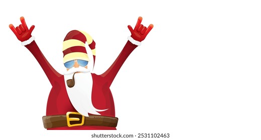 Vector moderno rock n roll Santa Claus con pipa de fumar, barba de Santa y sombrero funky aislado en fondo de Anuncio Horizontal transparente con copos de nieve. Cartel de fiesta hipster de Navidades Horizontales