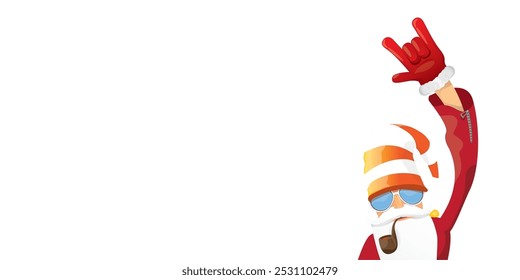 vector modern rock n roll santa claus with smoking pipe, santa beard and funky hat isolated on transparent horizontal banner background with snowflakes. Horizontal Christmas hipster party poster