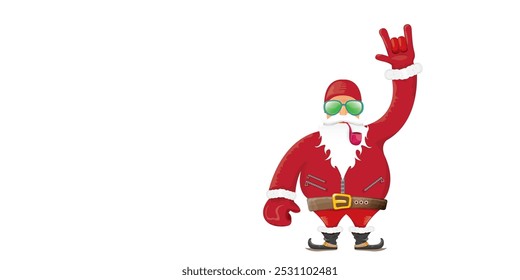 vector modern rock n roll santa claus with smoking pipe, santa beard and funky hat isolated on transparent horizontal banner background with snowflakes. Horizontal Christmas hipster party poster