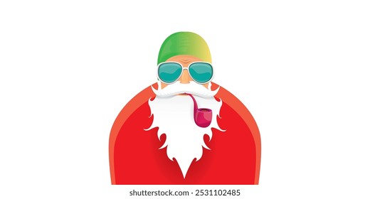 vector modern rock n roll santa claus with smoking pipe, santa beard and funky hat isolated on transparent horizontal banner background with snowflakes. Horizontal Christmas hipster party poster