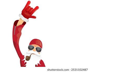 vector modern rock n roll santa claus with smoking pipe, santa beard and funky hat isolated on transparent horizontal banner background with snowflakes. Horizontal Christmas hipster party poster