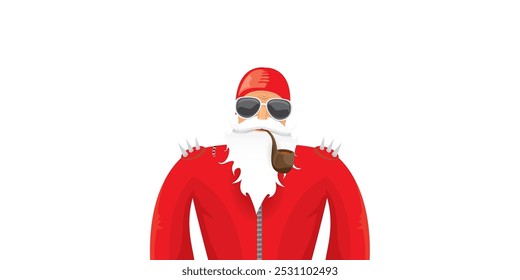 vector modern rock n roll santa claus with smoking pipe, santa beard and funky hat isolated on transparent horizontal banner background with snowflakes. Horizontal Christmas hipster party poster