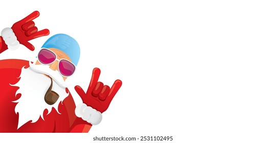 vector modern rock n roll santa claus with smoking pipe, santa beard and funky hat isolated on transparent horizontal banner background with snowflakes. Horizontal Christmas hipster party poster