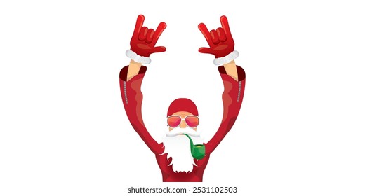 vector modern rock n roll santa claus with smoking pipe, santa beard and funky hat isolated on transparent horizontal banner background with snowflakes. Horizontal Christmas hipster party poster