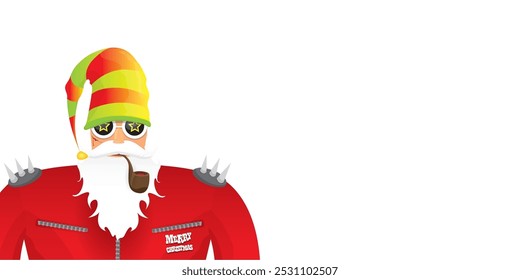 vector modern rock n roll santa claus with smoking pipe, santa beard and funky hat isolated on transparent horizontal banner background with snowflakes. Horizontal Christmas hipster party poster