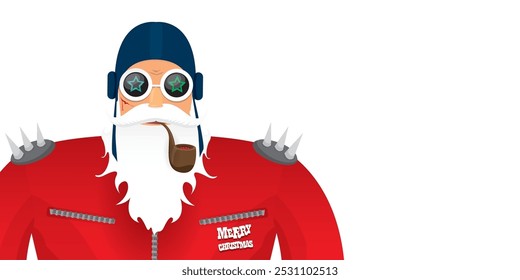 vector modern rock n roll santa claus with smoking pipe, santa beard and funky hat isolated on transparent horizontal banner background with snowflakes. Horizontal Christmas hipster party poster