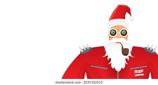 vector modern rock n roll santa claus with smoking pipe, santa beard and funky hat isolated on transparent horizontal banner background with snowflakes. Horizontal Christmas hipster party poster