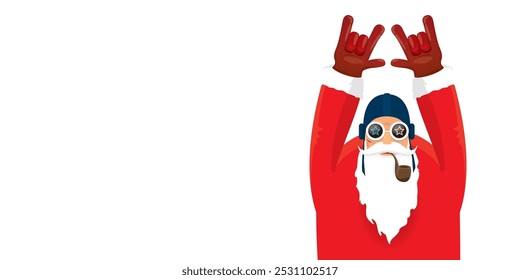 vector modern rock n roll santa claus with smoking pipe, santa beard and funky hat isolated on transparent horizontal banner background with snowflakes. Horizontal Christmas hipster party poster